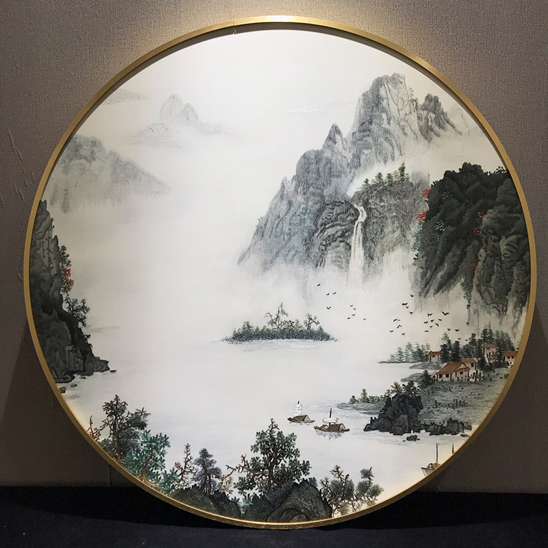 Handmade self-embroidery Suzhou embroidery round 100CM porch living room new Chinese style flower and bird Chinese style decoration finished frame hanging painting