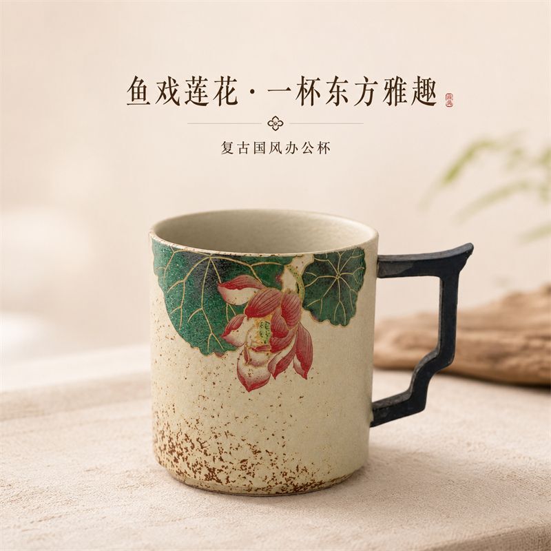 Flint Lotus Water Cup for Office and Home Use, Ceramic Tea Cup with Lid, Retro Large Capacity Water Cup, Coffee Cup Flint Lotus Water Cup for Office and Home Use, Ceramic Tea Cup with Lid, Retro Large Capacity Water Cup, Coffee Cup