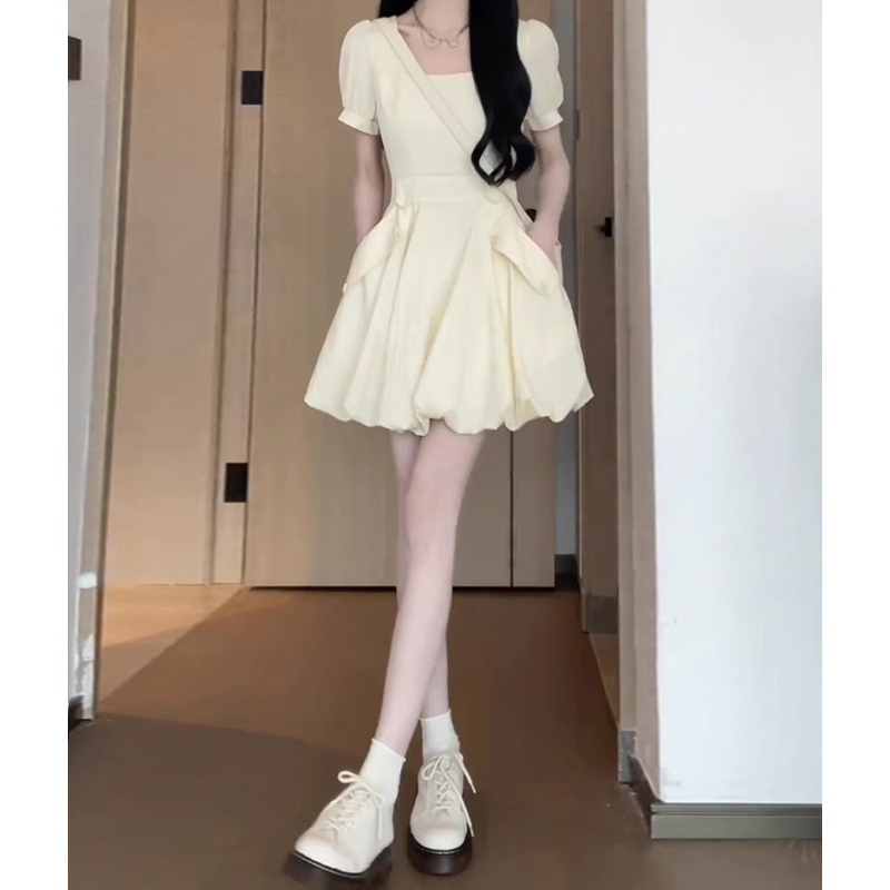 Petite Short Dress with Pockets for Women, Summer 2026 New Design, Niche Slim Fit Puffy Bubble Skirt