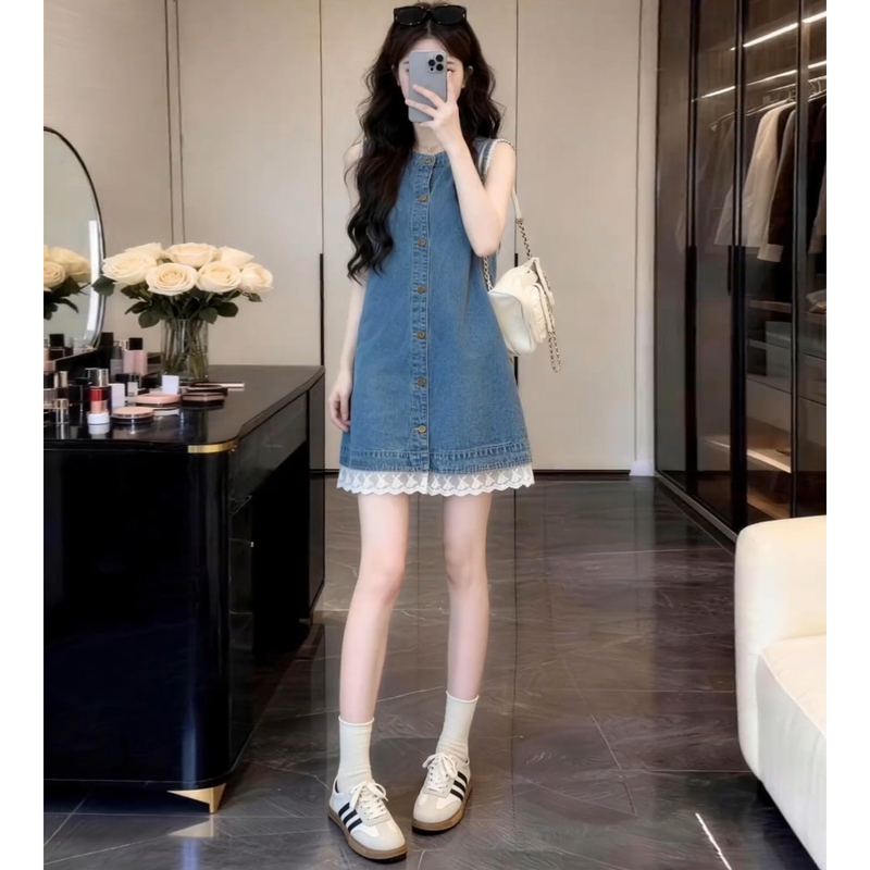 Hong Kong Style Petite Retro Denim Dress for Women, New Summer Style, High-End, Elegant, Slimming, Lace Vest Short Skirt