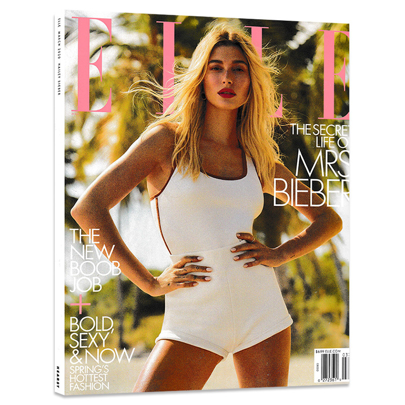 English Version of Elle World Fashion Magazine, March 2020, Cover Featuring Hailey Bieber