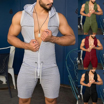 Mens European and American hooded sexy jumpsuit casual sports jumpsuit