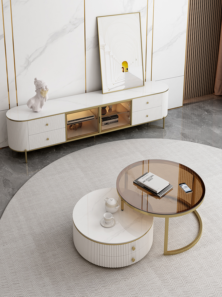 Modern minimalist retractable glass round coffee table small apartment living room home light luxury rock plate tea table TV cabinet combination
