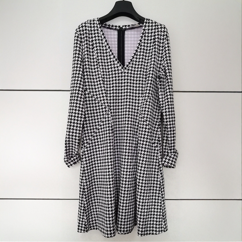 Michael Kors Women's Fashionable Houndstooth Sexy Deep V Slim-Fit Long-Sleeved Spring and Autumn Dress