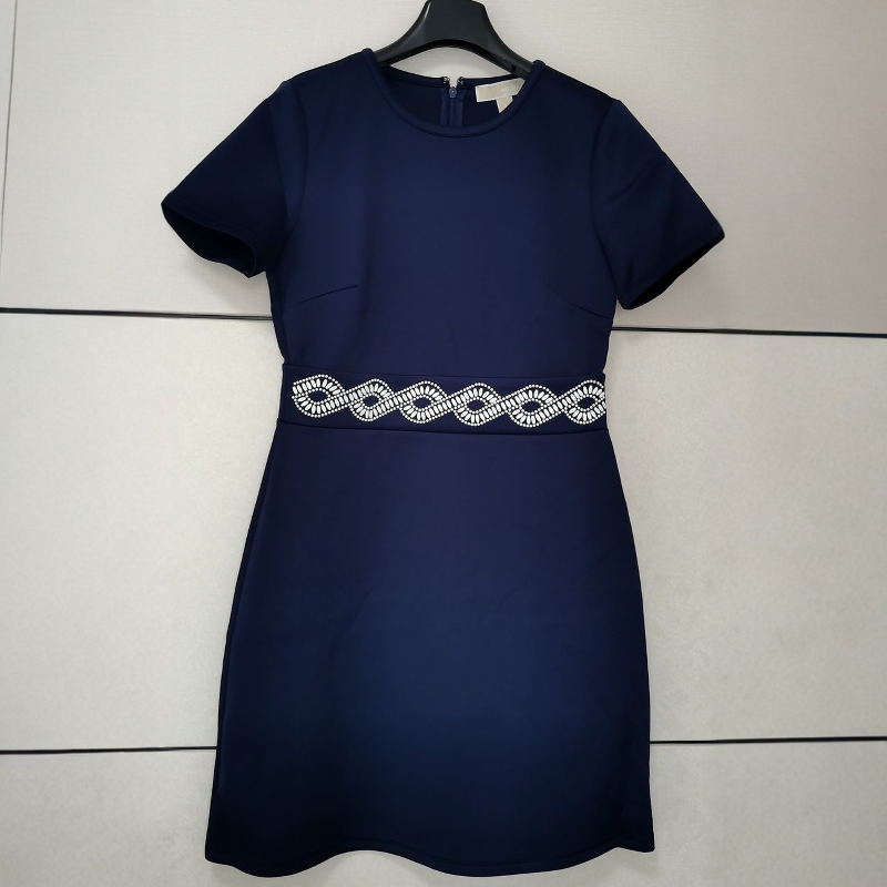 Michael Kors New Spring and Autumn Women's Solid Color Rhinestone Floral Round Neck Slim Fit Zipper Short-Sleeve Dress