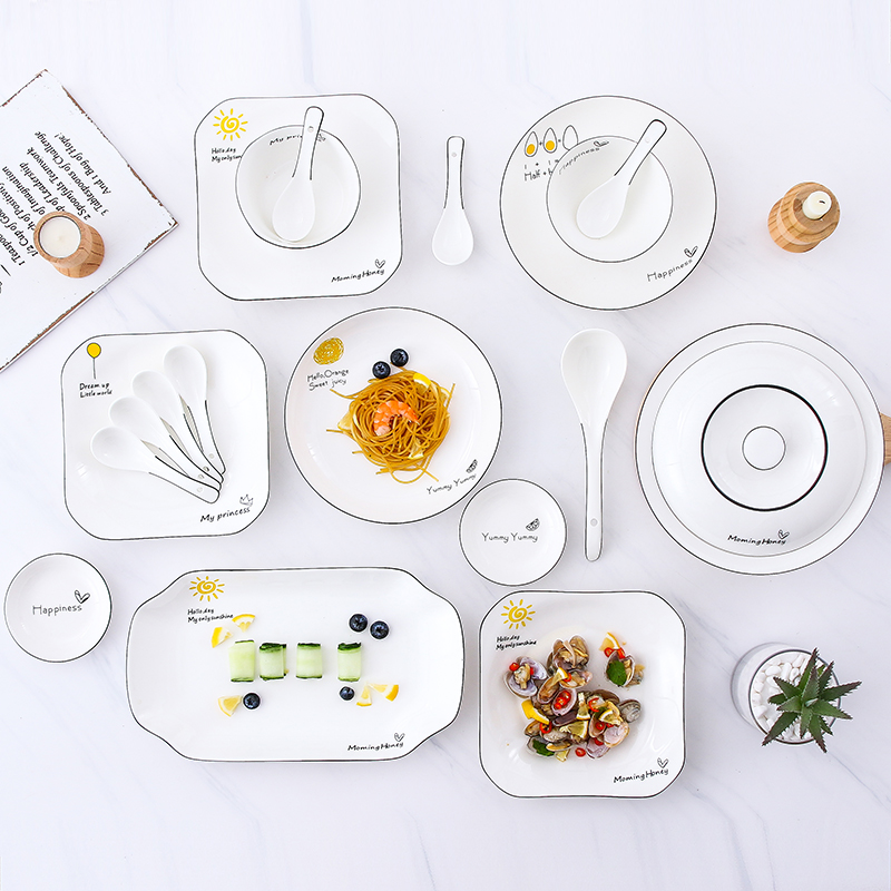 Dish suit Home Jane about Nordic Cute Ceramic Cutlery Netting Red Bowl and Chopsticks Plate Cartoon Eating Soup Bowl Spoon