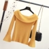 Mùa thu 2018 phiên bản Hàn Quốc mới của tay áo tự tuột vai kèn tay áo một đoạn vai ngắn áo len chạm đáy nữ áo thun có cổ Áo / áo thun