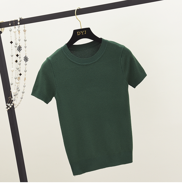 2018 mùa xuân và mùa hè mô hình màu rắn Hàn Quốc phiên bản của vòng cổ đan T-Shirt nữ ngắn tay đáy áo bó sát skinny áo len nữ