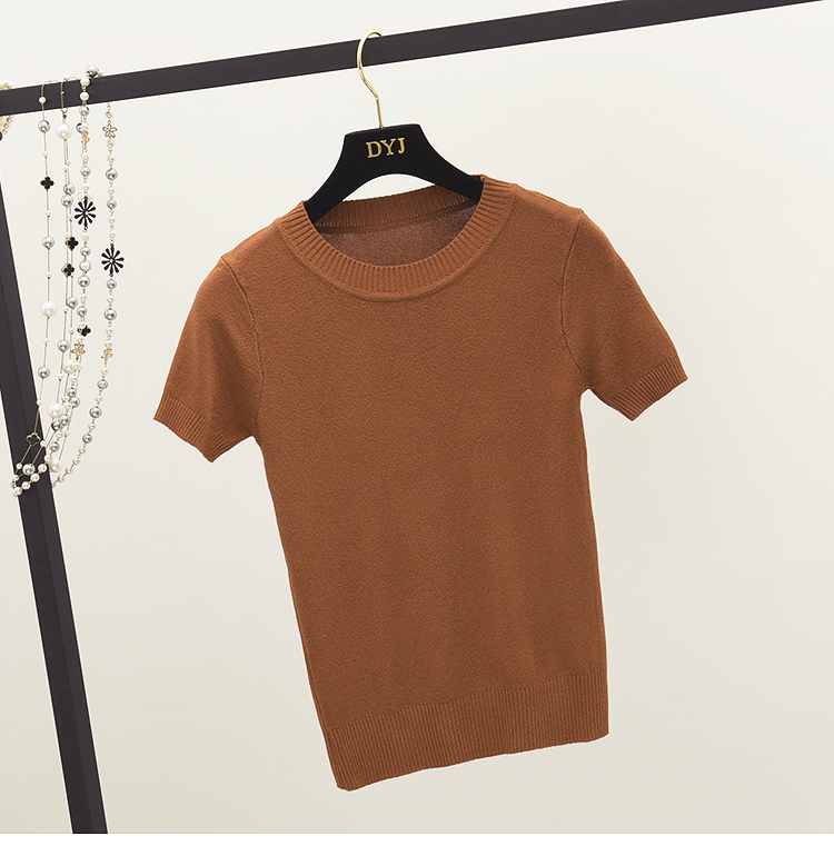2018 mùa xuân và mùa hè mô hình màu rắn Hàn Quốc phiên bản của vòng cổ đan T-Shirt nữ ngắn tay đáy áo bó sát skinny áo len nữ