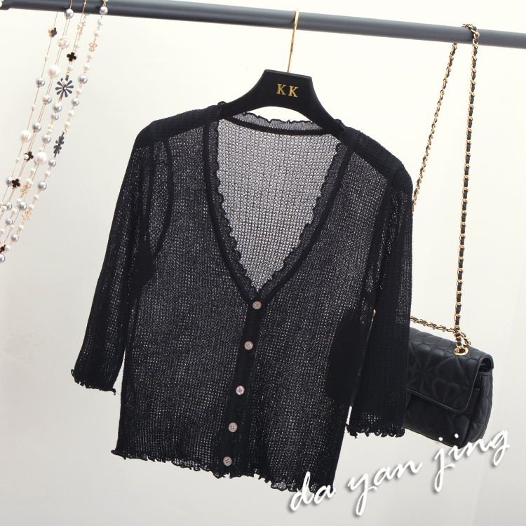 2018 mùa hè mới Hàn Quốc phiên bản của V-Cổ bên ngoài ngắn ice silk knit cardigan phần mỏng kem chống nắng khăn choàng áo khoác nữ áo kiểu nữ