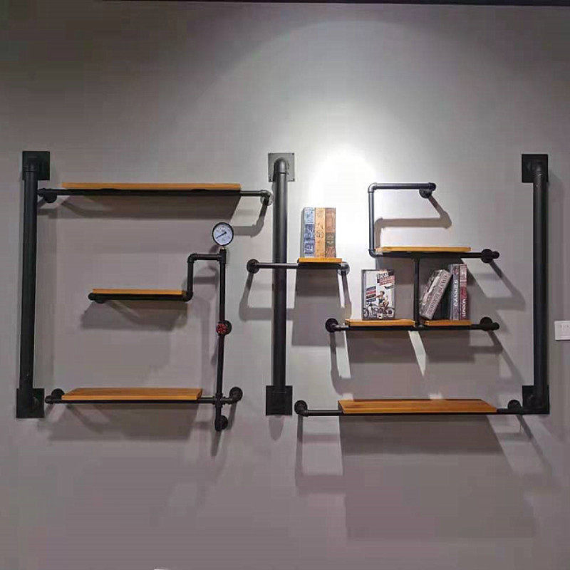 Iron water pipe wall rack wine rack creative wall decoration retro bookshelf industrial wind partition wall hanging shelf