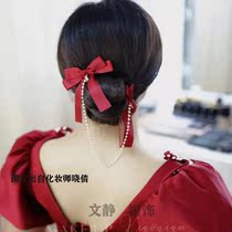 Fugitive Princess red bow hairclip Pearl tassel fairy beauty toast headdress Net red sun often 2021 New