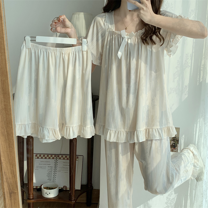 Ice Silk Pajamas for Women, Summer Short-Sleeved Three-Piece Set, Thin, Extra Large Size, Plus Size, Sweet Princess Style Loungewear