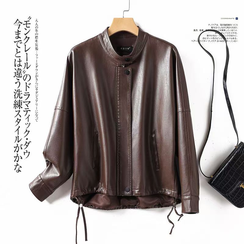 Women's Short Leather Jacket, Stylish 2025 Spring and Autumn New Loose-Fitting Stand Collar Leather Jacket, Petite Casual Biker Jacket