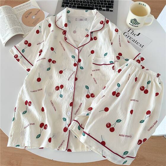 纯棉纱布睡衣女夏季短袖短裤套装甜美樱桃女士款可外穿开衫家居服