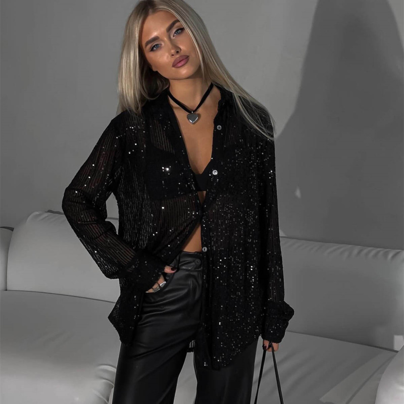 2025 Cross-Border European and American Sequin Top with Lapel, Long Sleeves, Sexy Cross-Border Stage Women's Shirt, Thin Jacket