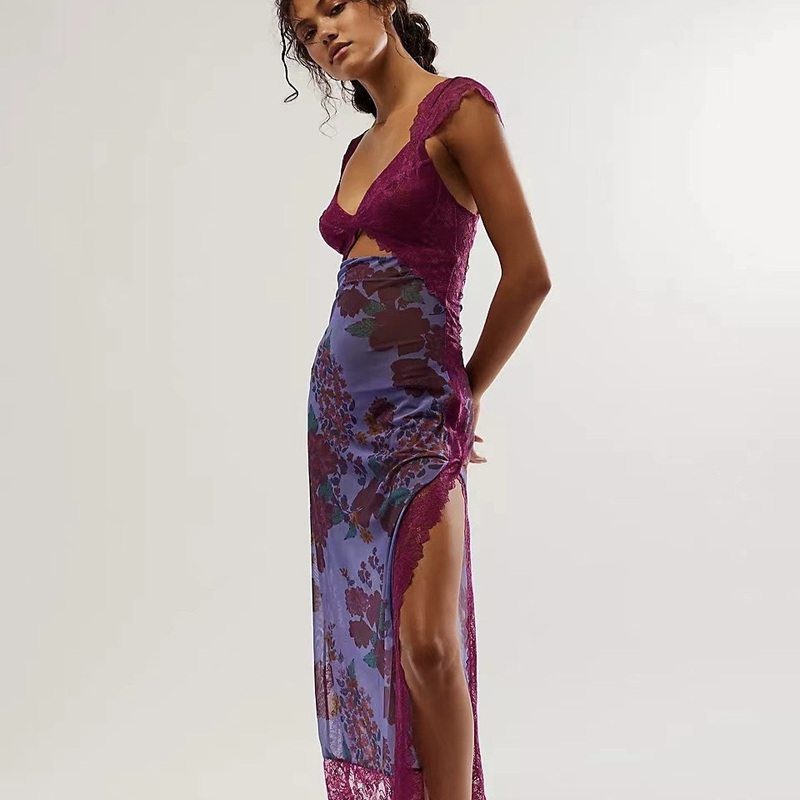 European and American Export Women's Clothing Cross-Border Small Sexy Lace Backless Shoulder Strap Splicing Slit Floral Sweet Dress Long Skirt