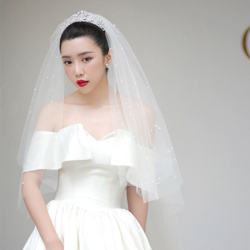 Simple set fashion bride net red pearl head yarn double-layered pontoon hard yarn short photo head yarn brigade shooting