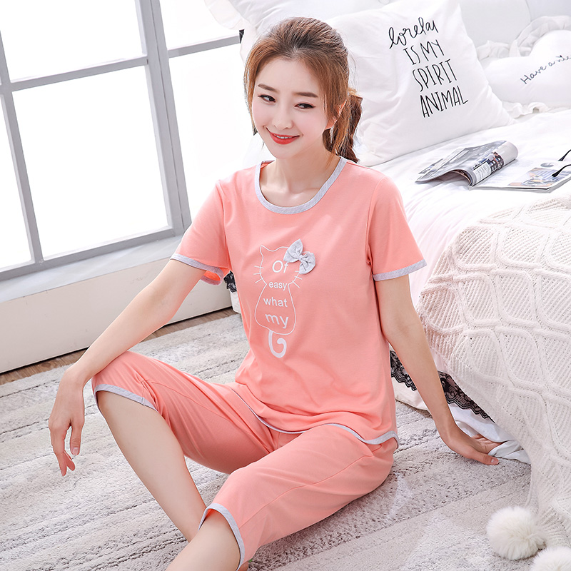 Bộ đồ ngủ cotton ngắn tay mùa hè dành cho nữ mùa hè mỏng cắt quần cotton phù hợp với đồ ngủ nữ hai mảnh đồ bộ cát hàn