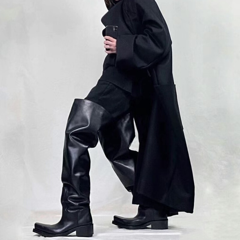 Unisex Large-Calf Square-Toe Riding Boots 2025 New Style Pointed Toe Chunky Heel Long Over-The-Knee High Boots