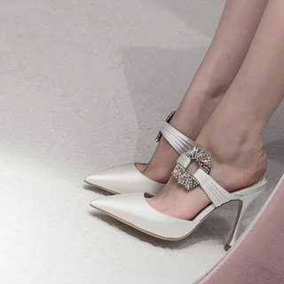 轻奢尖头细跟高跟凉鞋女水钻一字带百搭包头半拖鞋