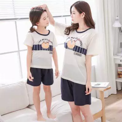 Mùa hè ngắn tay mỏng phần cotton mẹ cô gái đồ ngủ cha mẹ trẻ em mùa hè phiên bản Hàn Quốc của công chúa cô gái lớn