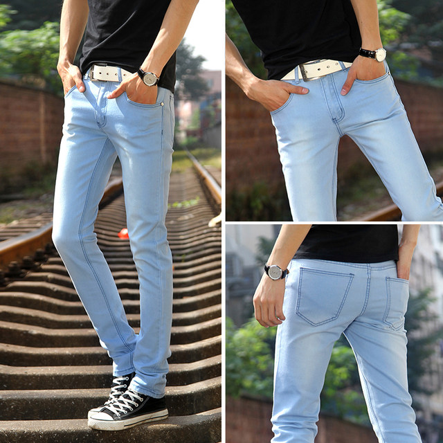 2023 New Trendy Men's Korean Style Jeans Men's Pants Sky Blue Light Color Slim Fit Small Leg Pants Stretch Pencil Pants Men