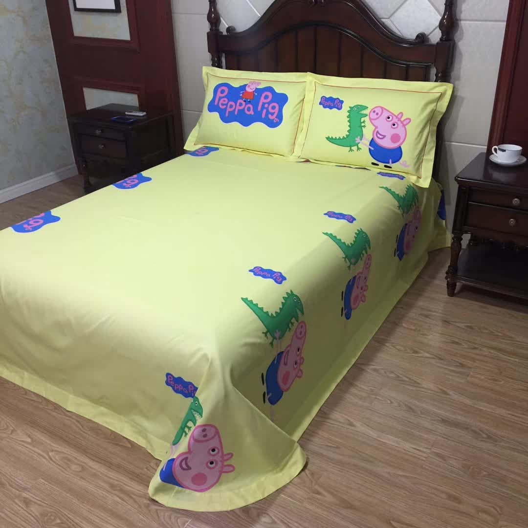 Bông phim hoạt hình lợn dày chà nhám ba hoặc bốn bộ bông trẻ em quilt cover tờ giường màu hồng giường