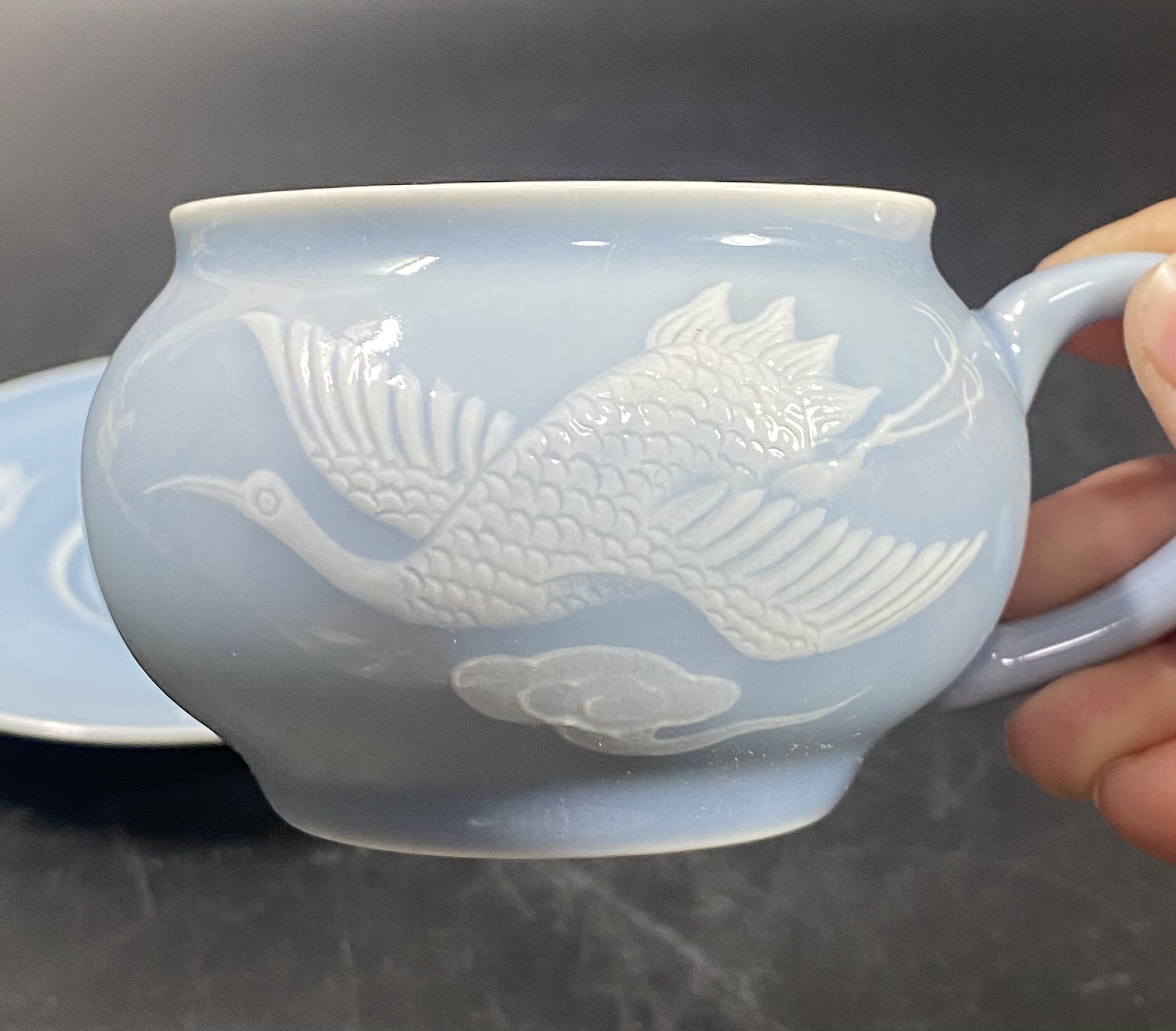чашка 567精品陶瓷柴窑烧制天青釉堆白祥云仙鹤纹套杯咖啡杯碟茶杯