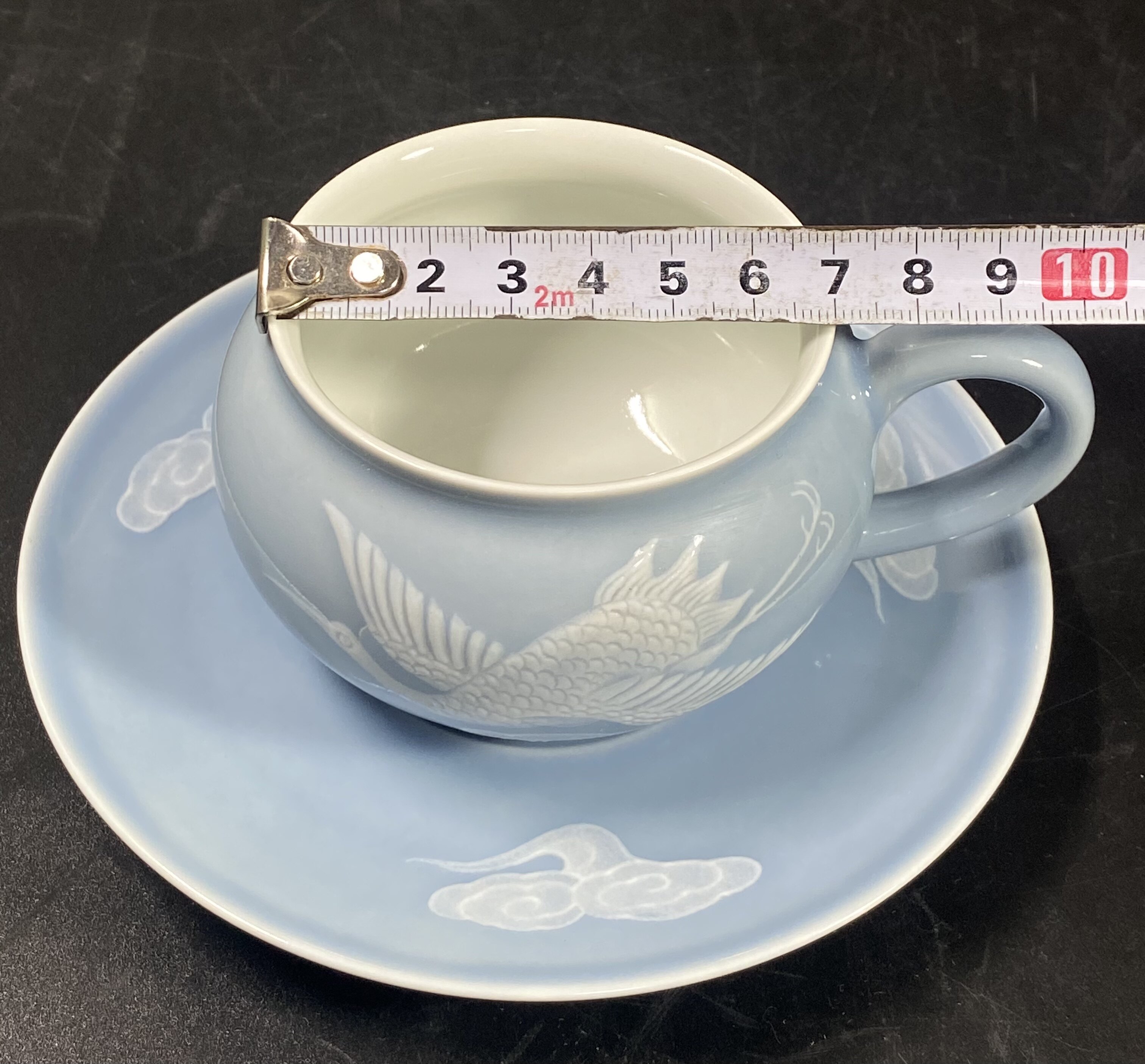 чашка 567精品陶瓷柴窑烧制天青釉堆白祥云仙鹤纹套杯咖啡杯碟茶杯