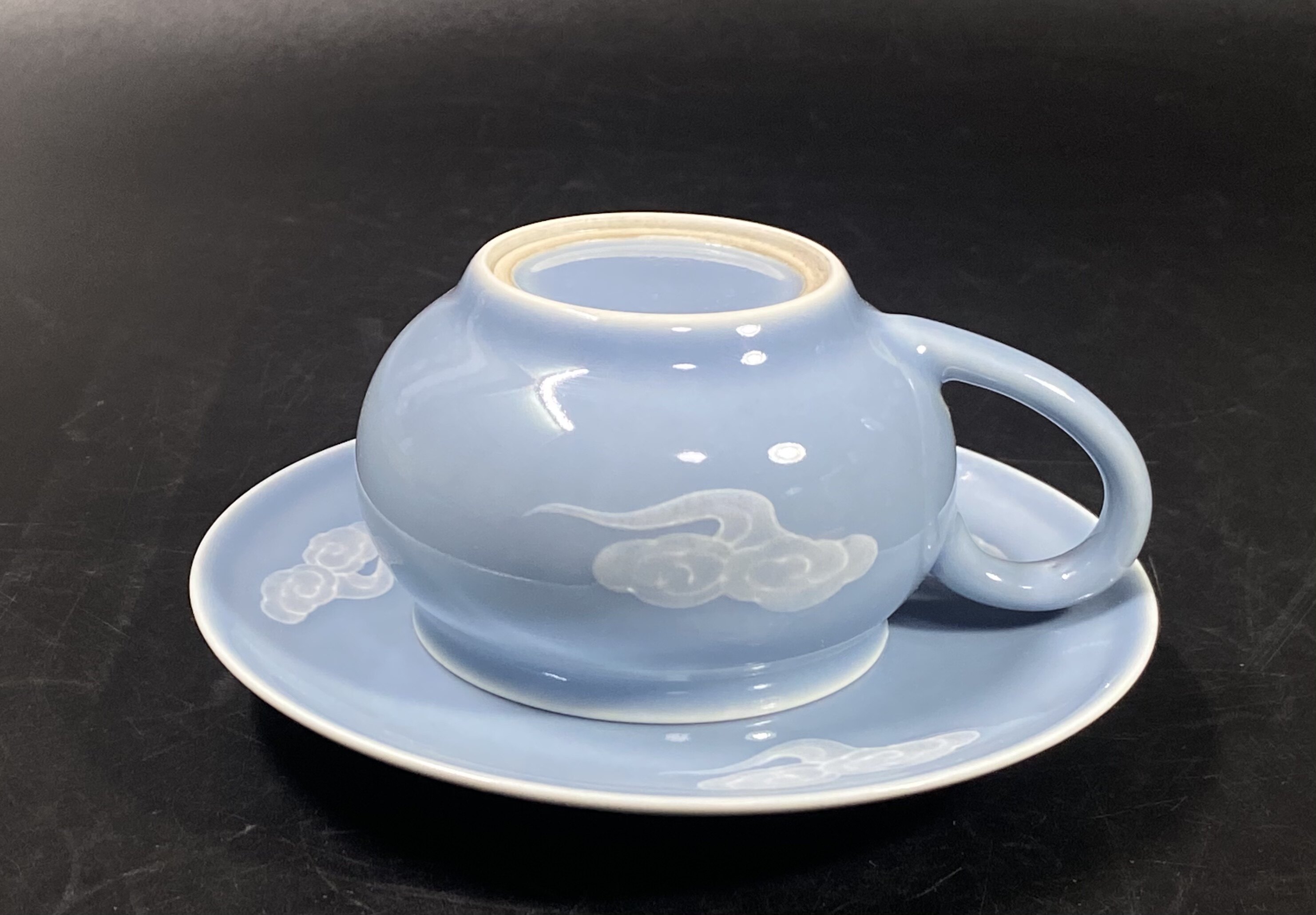 чашка 567精品陶瓷柴窑烧制天青釉堆白祥云仙鹤纹套杯咖啡杯碟茶杯
