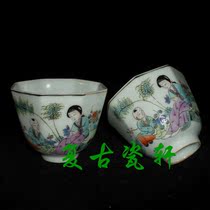 Jingdezhen Cultural Revolution Factory goods porcelain pastel hand-painted Phnom Penh figure Beauty Belt eight square tea cup octagonal cup