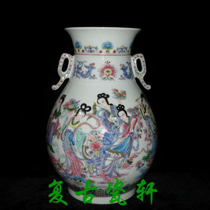 Jingdezhen factory goods porcelain art porcelain art porcelain factory fine powder color hand-painted figure sky female prose double ear futher barrel vase