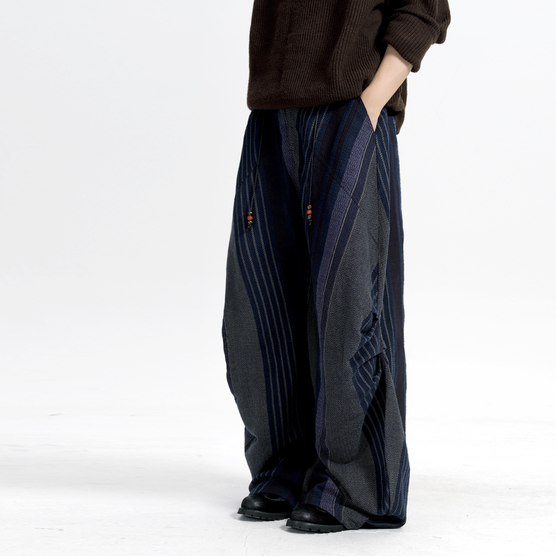 Ixoh Old Money Style Striped Pure Cotton Casual Pants for Men and Women, Autumn and Winter Relaxed Fit Straight Wide-Leg Scimitar Pants