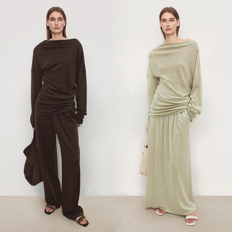 Chicjoc High-Elastic All-Wool Ribbed Knit Fabric Relaxed Casual Off-Shoulder Top/Long Skirt/Air Pants