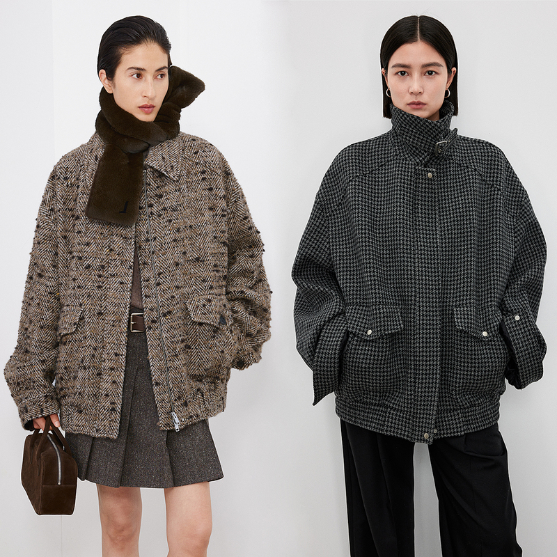 Chicjoc Italian Century-Old Snow Dot Fur Ball Herringbone Tweed/Houndstooth Wool Unisex Jacket