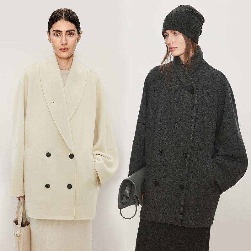 Chicjoc Italian Embossed Texture Cashmere Wool/Wool Double-Sided Fabric Relaxed Two-Way Wear Green Fruit Collar Coat