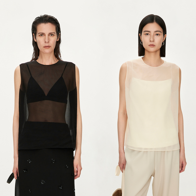 Chicjoc High-End Soft Matte Sheer Organza Minimalist Layered Style Round Neck Sleeveless Tank Top Air t
