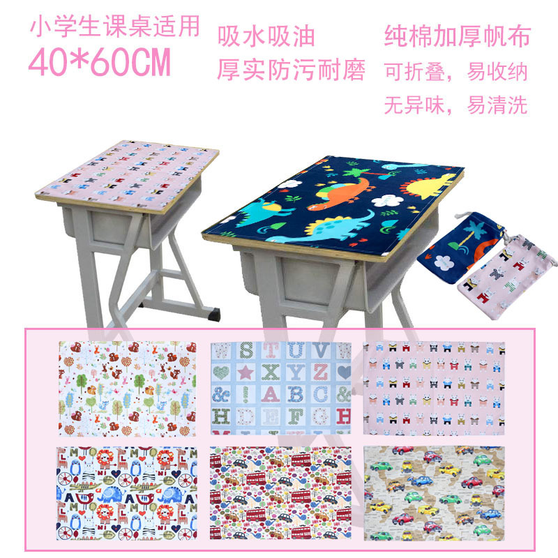 Elementary School Student Placemat Storage Bag Set, Thickened Absorbent Cotton Canvas 40*60 Cartoon Desk Cloth and Cutlery Bag Combination