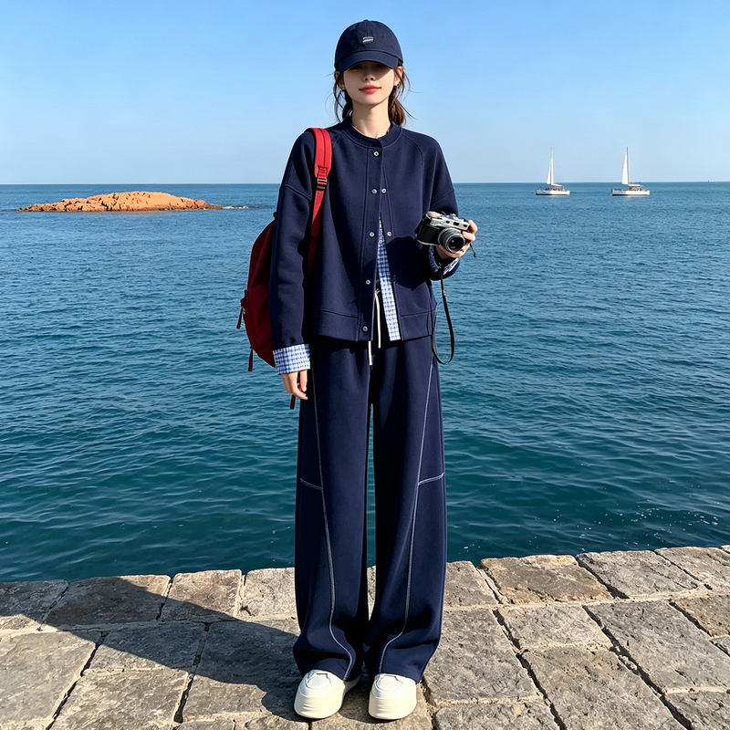 High-End Korean-Style Loose Casual Sports Suit for Women, Dark Blue Jacket, Wide-Leg Pants, Fashionable and Versatile Two-Piece Set High-End Korean-Style Loose Casual Sports Suit for Women, Dark Blue Jacket, Wide-Leg Pants, Fashionable and Versatile Two-Piece Set