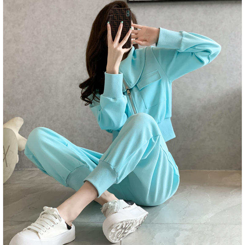 Sportswear Suit Women Spring Casual Fashion Net Red Fried Street Trendy Cashew Superior Sensee Lake Blue Sweater Suit Tide