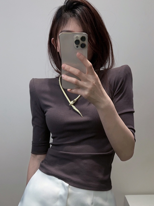 Cancun Knight Detachable Shoulder Pad Round Neck T-Shirt Half-Sleeve Niche Design 2025 Short-Sleeve Women's Top with a Mature Style