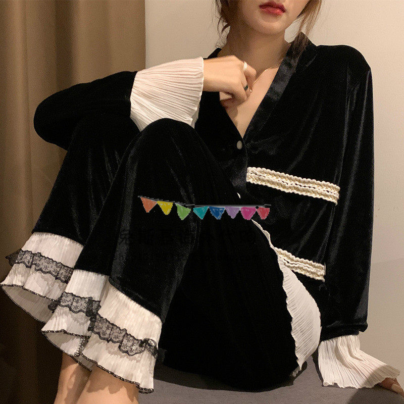 Japan BM Melville Spring New Gold Velvet Pajamas Women's V-Neck Horn Sleeve Set Home Clothes