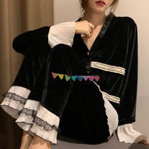 Japan BM Melville spring new golden velvet pajamas women V collar flared sleeve set home clothes