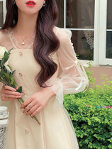 Japans SLY THOM spring waist slimming fairy net gauze dress female white girl long-sleeved dress