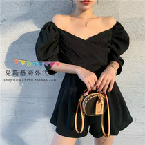 Japanese SLY black high-waisted jumpsuit womens temperament French one-collar strapless wide-legged shorts 21 new