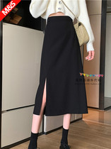 Japanese SLY black half body dress female pituality with bottom opening fork in the middle long skirt with high waist a word over knee long skirt