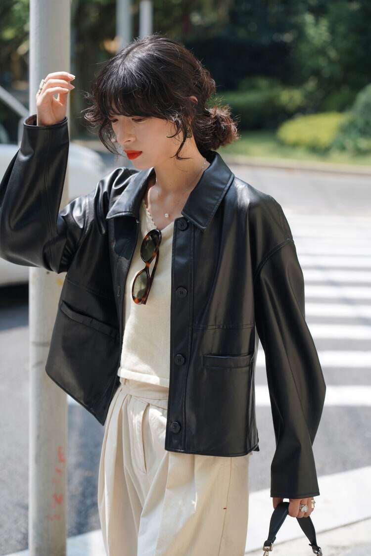 Matte Black Cropped Leather Jacket | Outerwear | Spring/Autumn