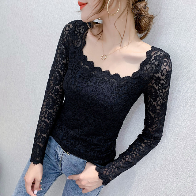 Sexy square-neck lace shirt women's autumn 2021 new tight-fitting bottoming shirt women's long-sleeved shirt with western style