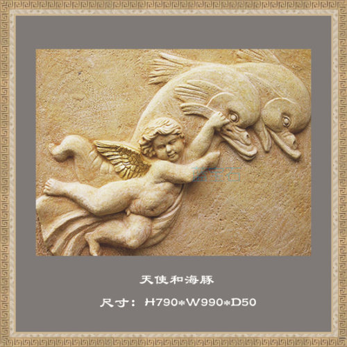 Sandstone sculpture, relief mural, angel and dolphin, high-grade little angel relief, art plate, background wall